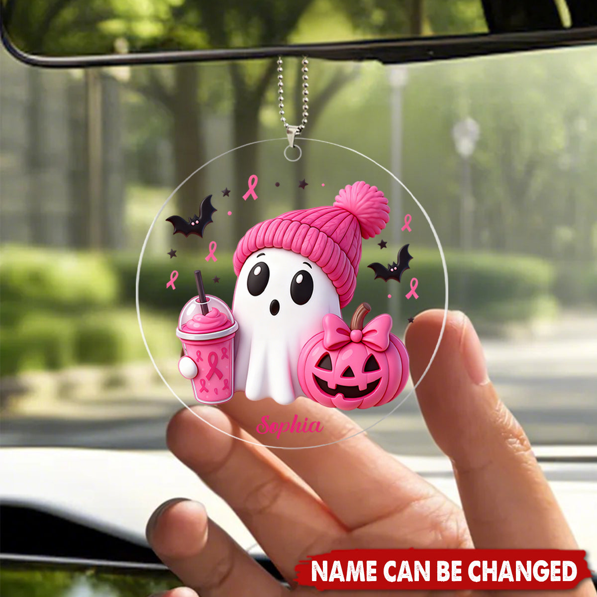 Pink Spooky Ghost Breast Cancer Personalized Acrylic Car Ornament - Fight Cancer Gift
