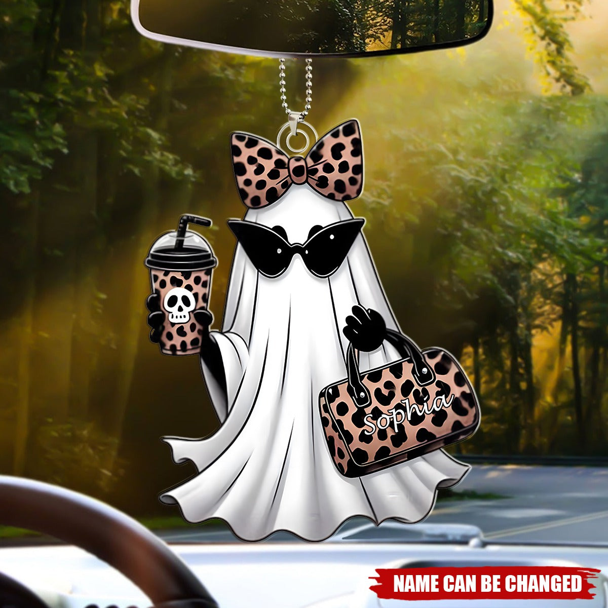 Cute Leopard Print Coffee Spooky Ghost Personalized Acrylic Car Ornament