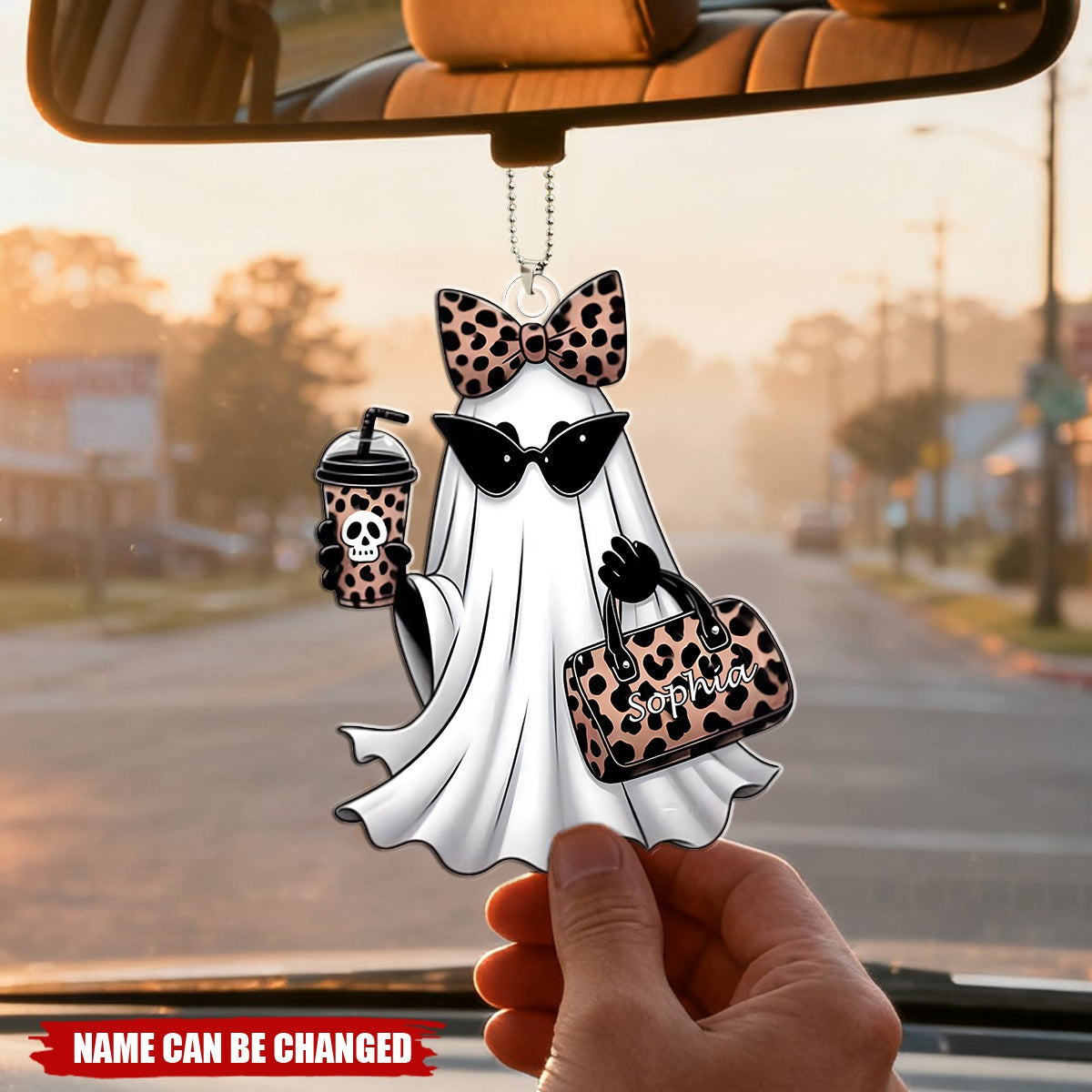 Cute Leopard Print Coffee Spooky Ghost Personalized Acrylic Car Ornament