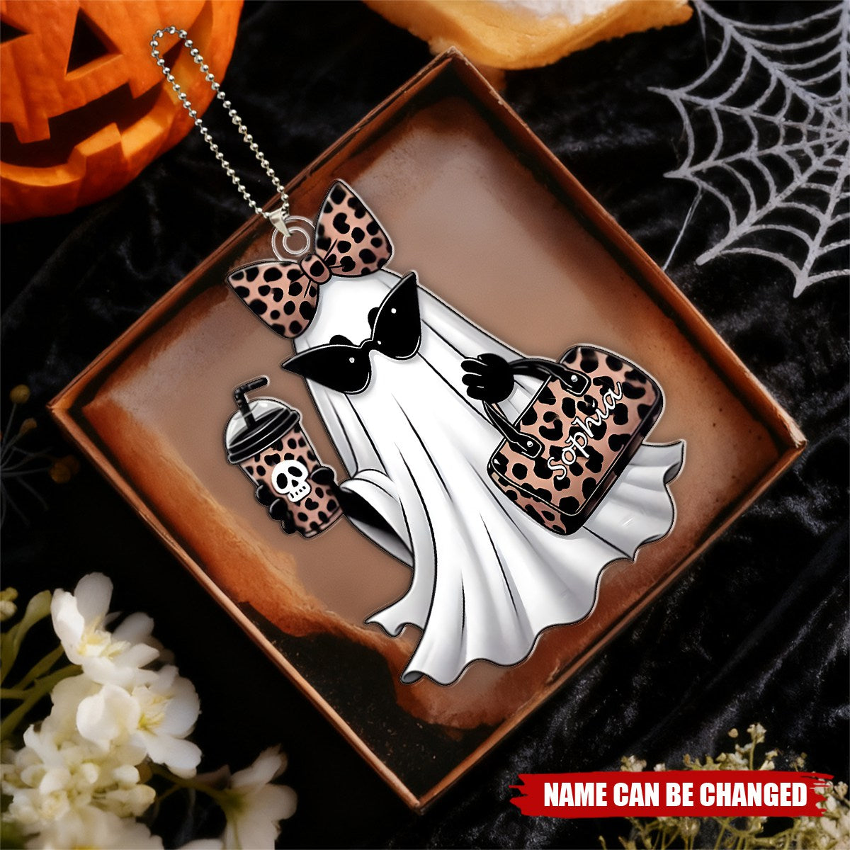 Cute Leopard Print Coffee Spooky Ghost Personalized Acrylic Car Ornament