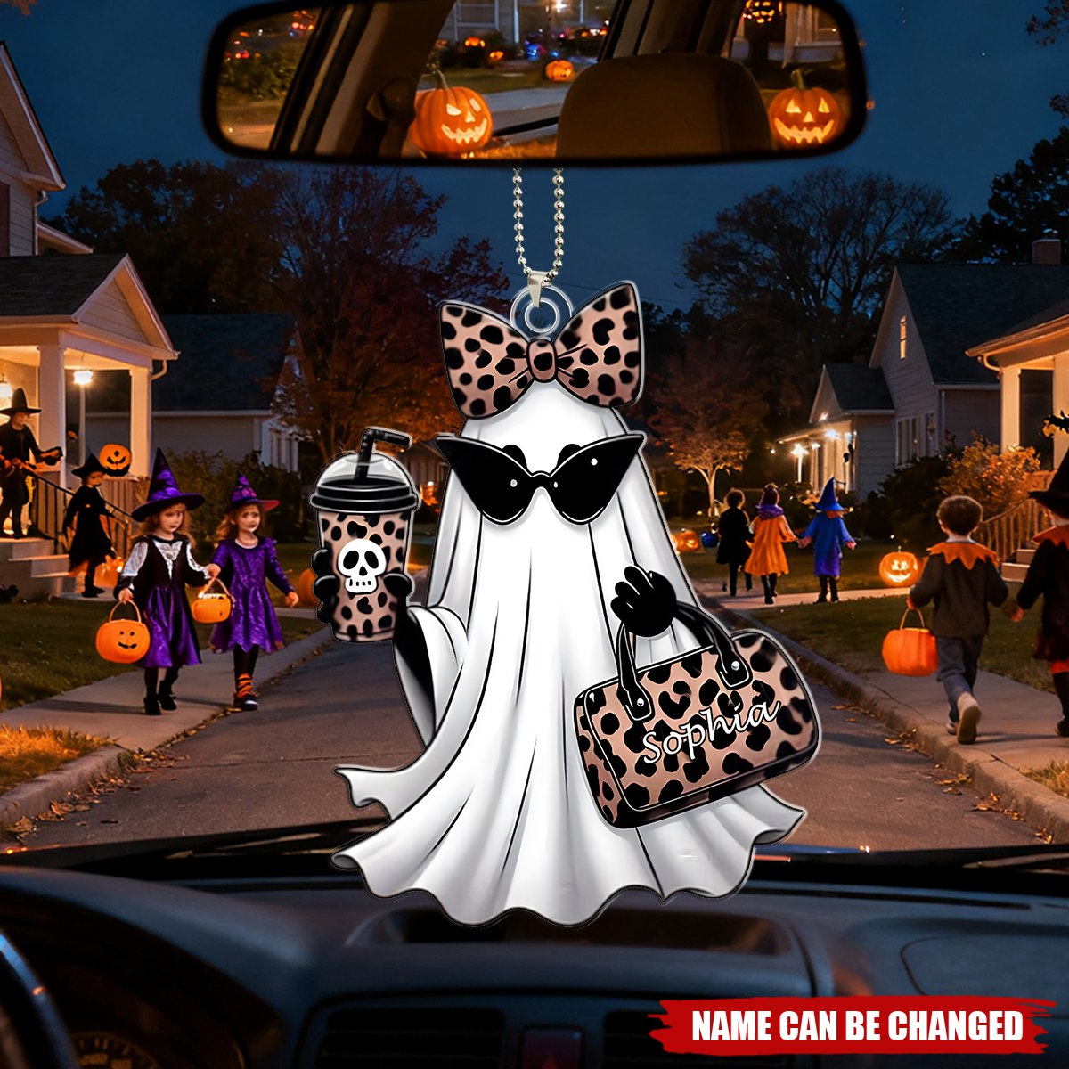 Cute Leopard Print Coffee Spooky Ghost Personalized Acrylic Car Ornament