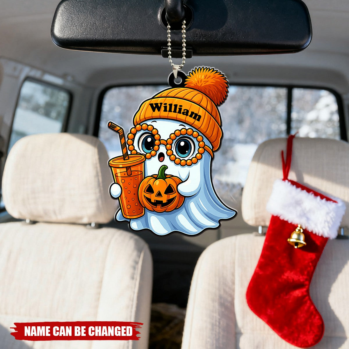 Cute Smiling Ghost With Coffee Drink Personalized Acrylic Car Ornament