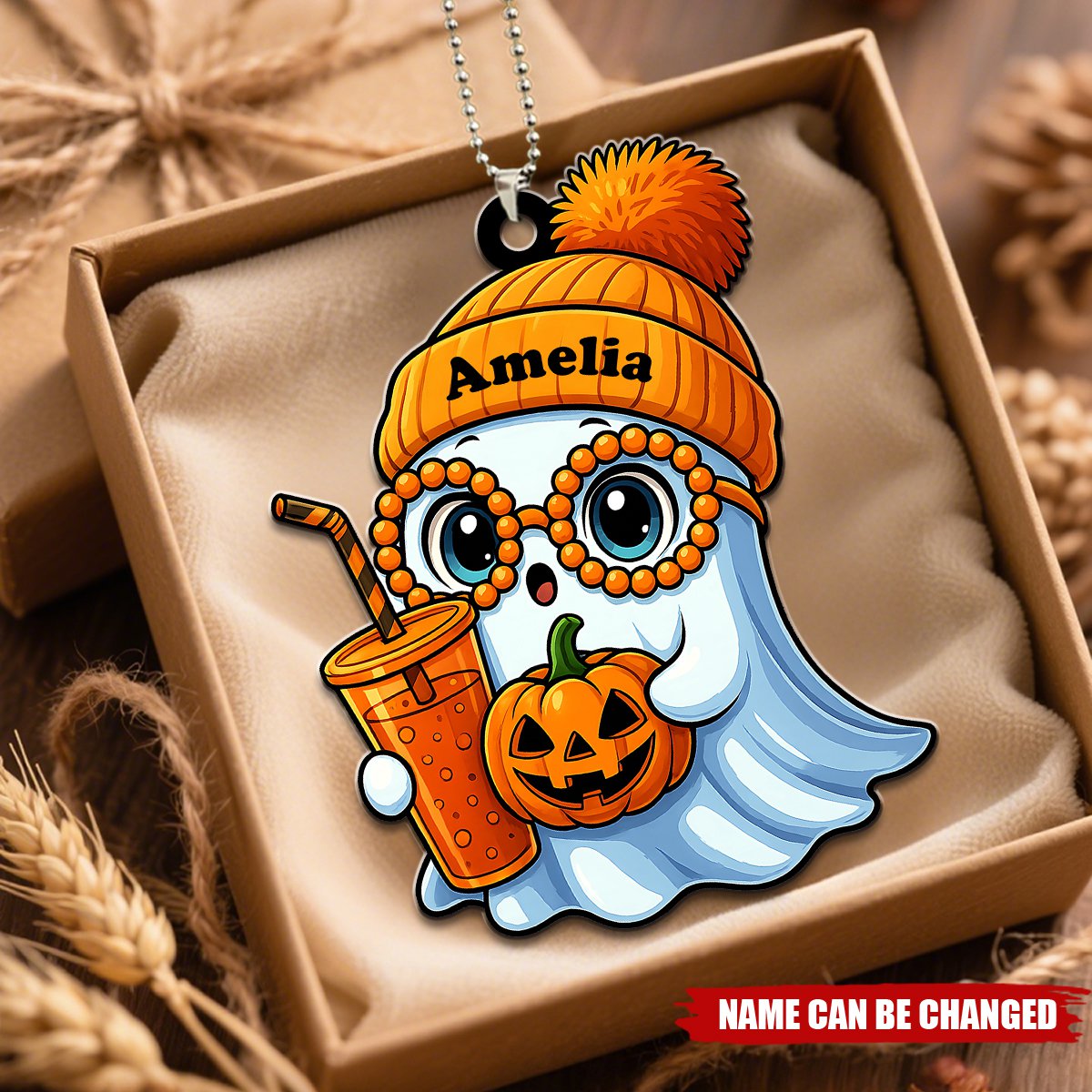 Cute Smiling Ghost With Coffee Drink Personalized Acrylic Car Ornament