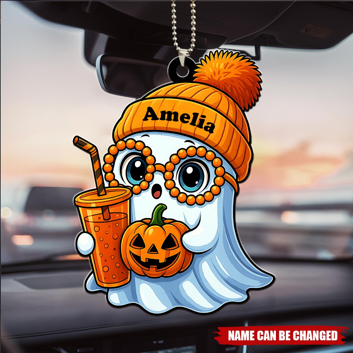 Cute Smiling Ghost With Coffee Drink Personalized Acrylic Car Ornament