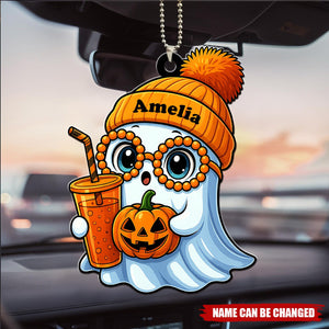 Cute Smiling Ghost With Coffee Drink Personalized Acrylic Car Ornament