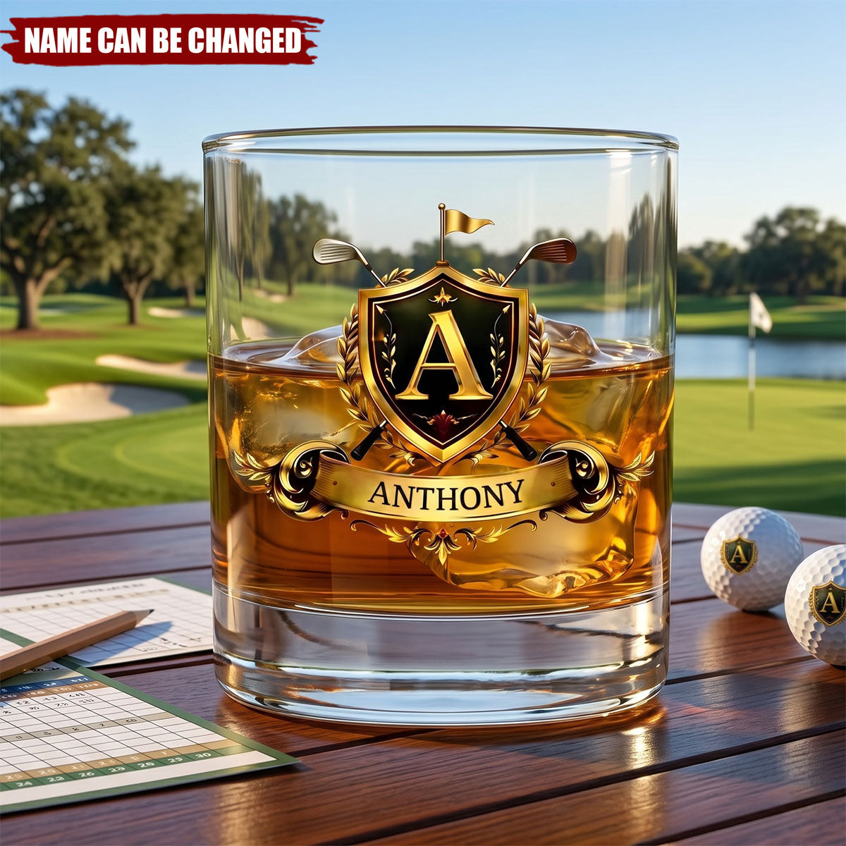 Personalized Golf Badge Whiskey Glass with Name and Initial Father's Day Birthday Gift for Golfers Golf Lovers Men