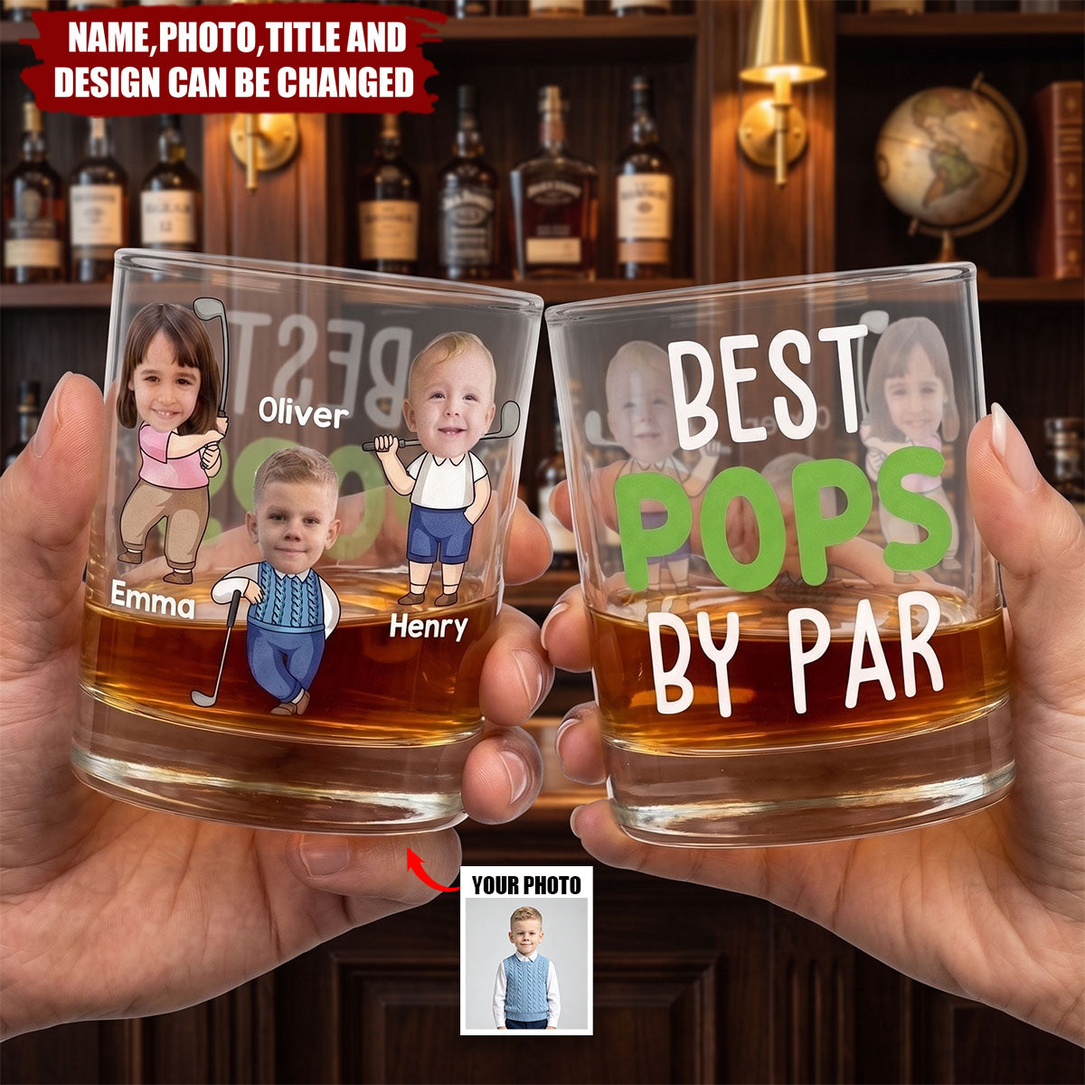 Personalized Best Daddy By Par Golf Photo Character Whiskey Glass with Name and Title Father's Day Golf Weekend Gift for Man Golf Lover
