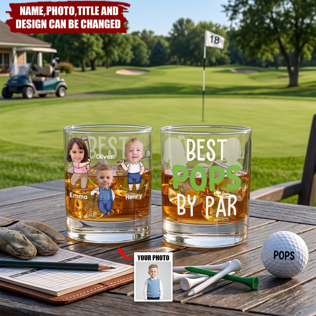 Personalized Best Daddy By Par Golf Photo Character Whiskey Glass with Name and Title Father's Day Golf Weekend Gift for Man Golf Lover