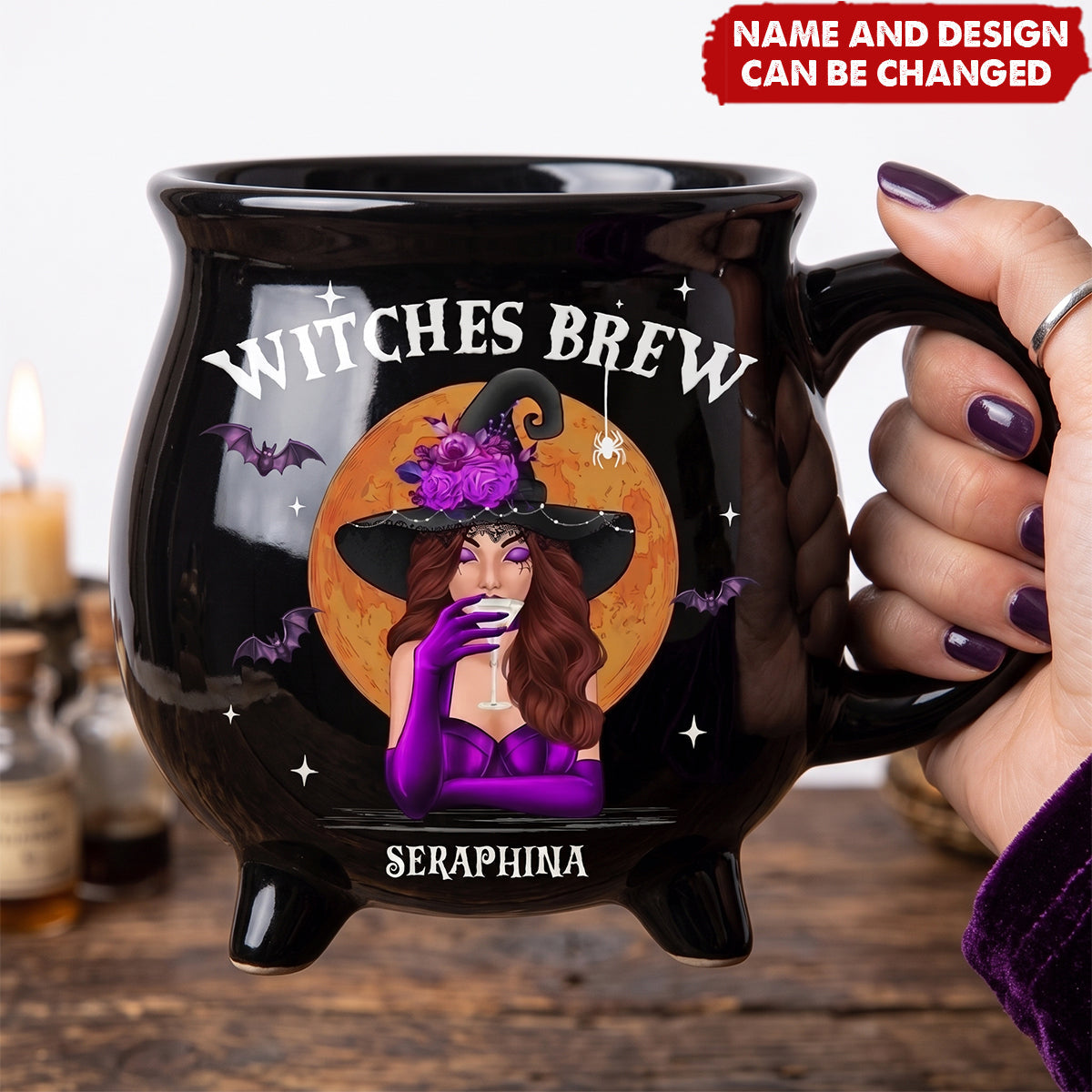 Custom Ceramic Cauldron Coffee Mug - Personalized Halloween Witchy Gifts For Besties, Sisters, BFF, Family, Yourself - She Drinks Like A Queen, But Hexes Like A Goddess