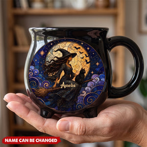 Custom Ceramic Cauldron Coffee Mug - Personalized Halloween Witchy Gifts For Wife, Daughter, Besties, Sisters, Granddaughter, Grandma, Mom, Yourself - Flying High In The Midnight Sky