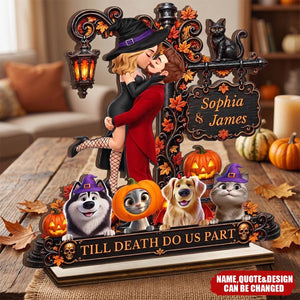Custom 2-Layered Wooden Plaque - Personalized Halloween Decor Anniversary Wedding Gifts For Husband And Wife, Dog Cat Lovers - Spooky Hearts And Paws