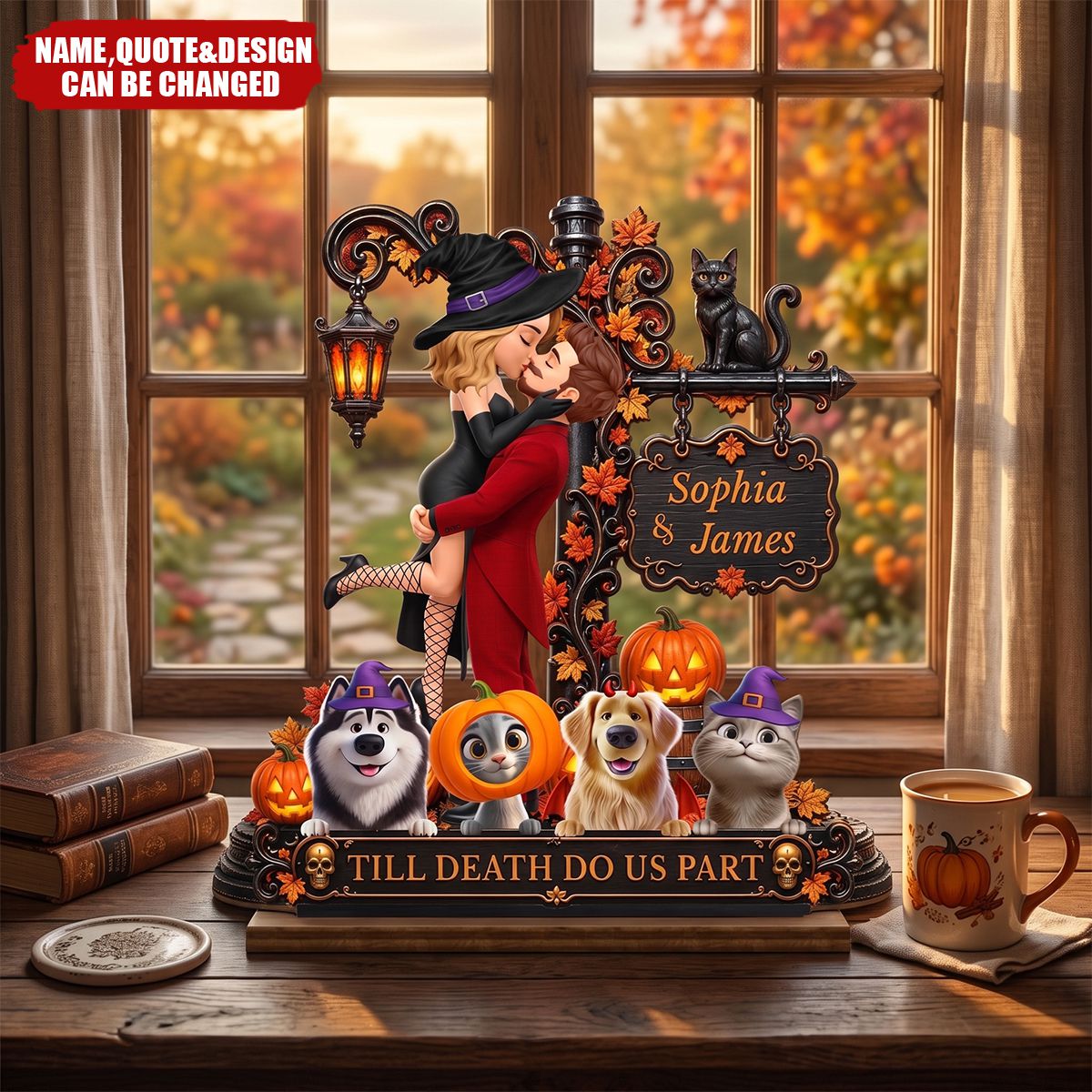 Custom 2-Layered Wooden Plaque - Personalized Halloween Decor Anniversary Wedding Gifts For Husband And Wife, Dog Cat Lovers - Spooky Hearts And Paws
