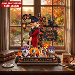 Custom 2-Layered Wooden Plaque - Personalized Halloween Decor Anniversary Wedding Gifts For Husband And Wife, Dog Cat Lovers - Spooky Hearts And Paws