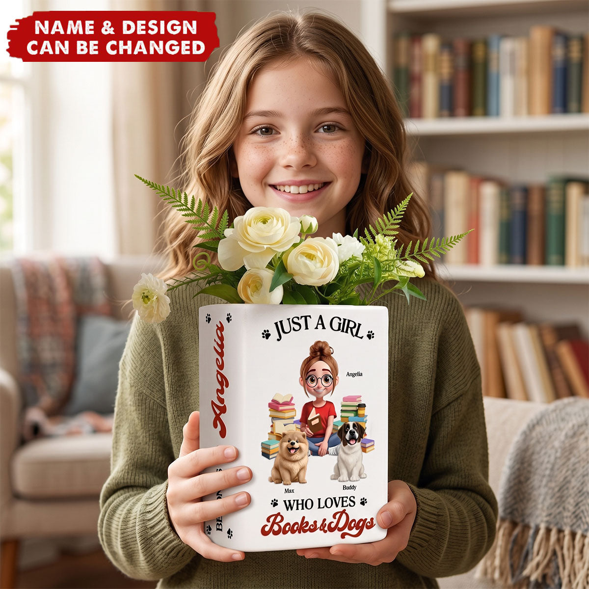A Girl Who Loves Books & Pets - Personalized Ceramic Book Vase