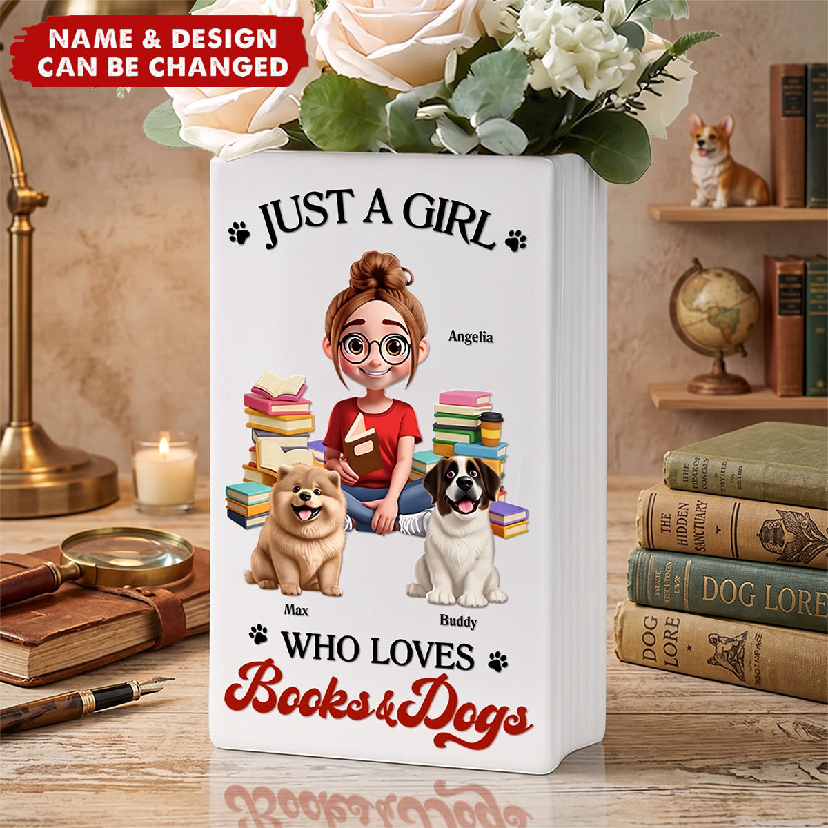 A Girl Who Loves Books & Pets - Personalized Ceramic Book Vase