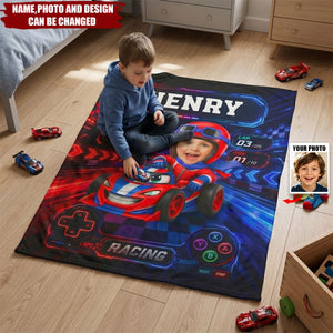 Custom Photo Kid Car Racing - Personalized Fleece Blanket, Sherpa Blanket