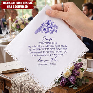 Birth Flower Toile Blue Wedding Bridal To Daughter Granddaughter - Personalized Handkerchief