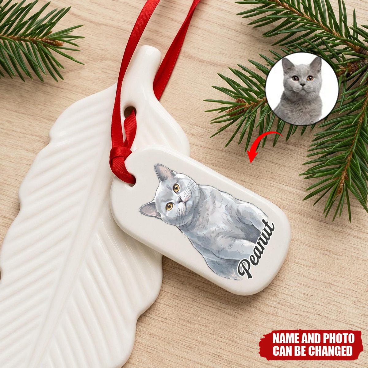 Custom Photo Vivid Watercolor Art Dog Cat Pet Memorial Christmas - Personalized Feather Ornament