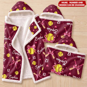 Gift For Softball Player - Personalized Name Number Coquette Bow Wearable Hooded Blanket