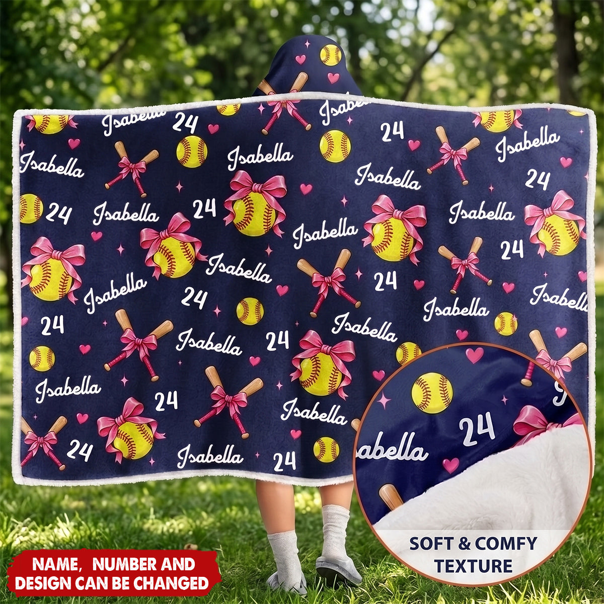 Gift For Softball Player - Personalized Name Number Coquette Bow Wearable Hooded Blanket