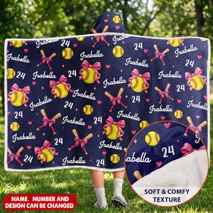 Gift For Softball Player - Personalized Name Number Coquette Bow Wearable Hooded Blanket