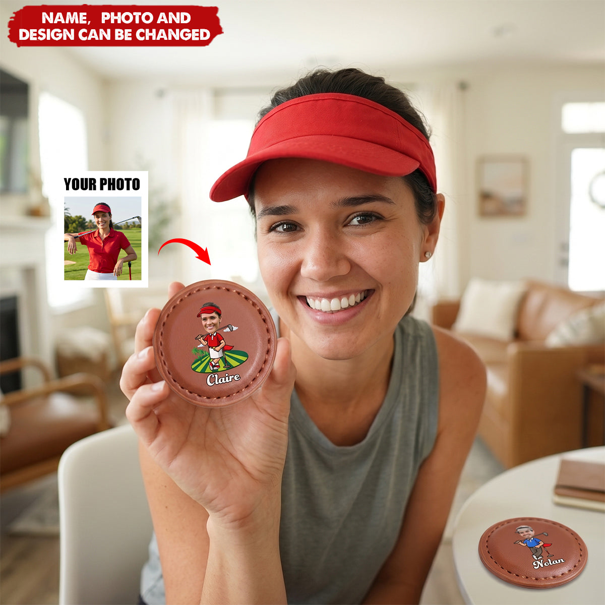 Personalized Cartoon Golfer Character Face Photo PU Leather Magnetic Golf Ball Marker with Name Birthday Gift for Golf Lovers