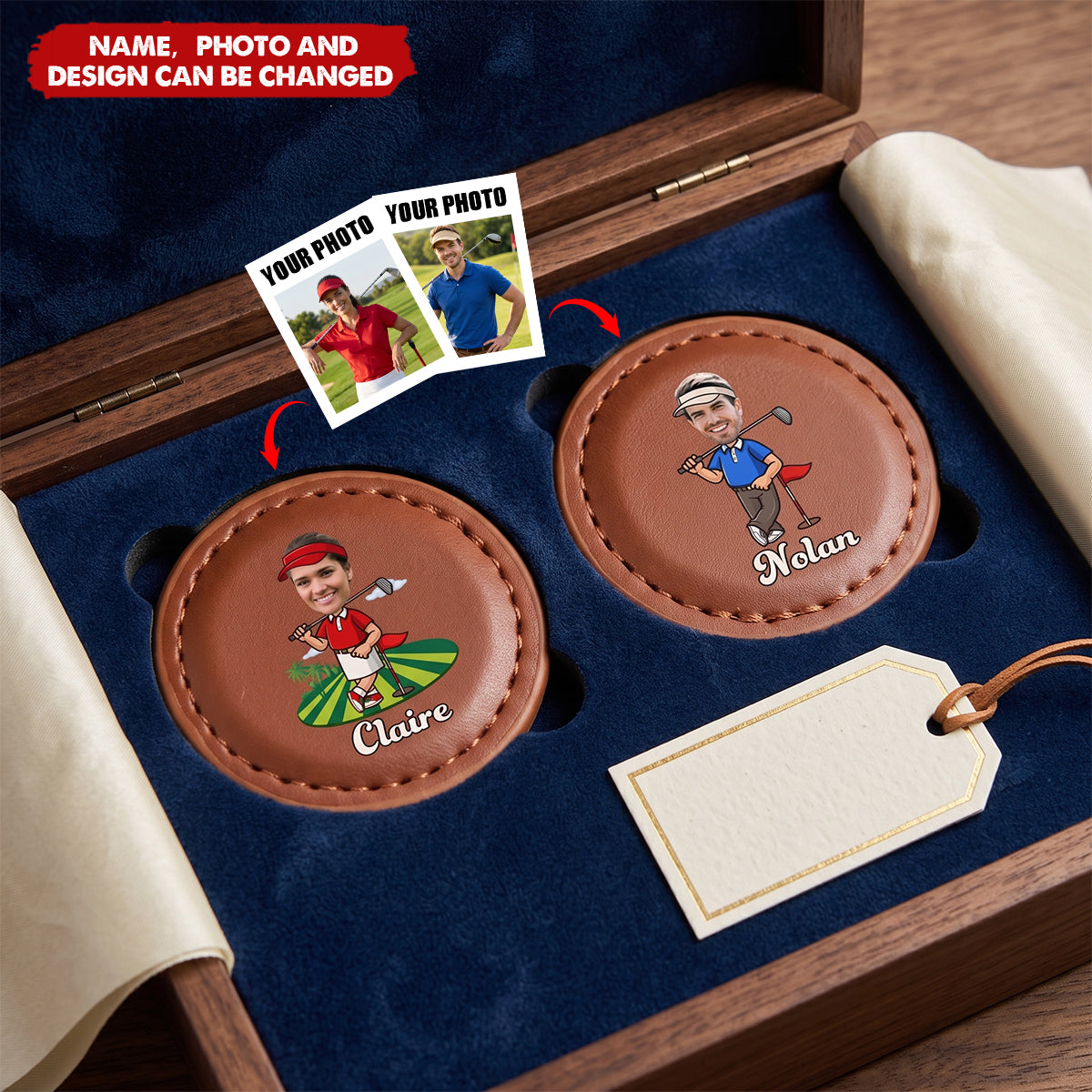 Personalized Cartoon Golfer Character Face Photo PU Leather Magnetic Golf Ball Marker with Name Birthday Gift for Golf Lovers