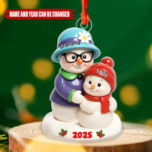 Snowman Grandma Hugging Grandkids - Personalized Christmas Acrylic Ornament