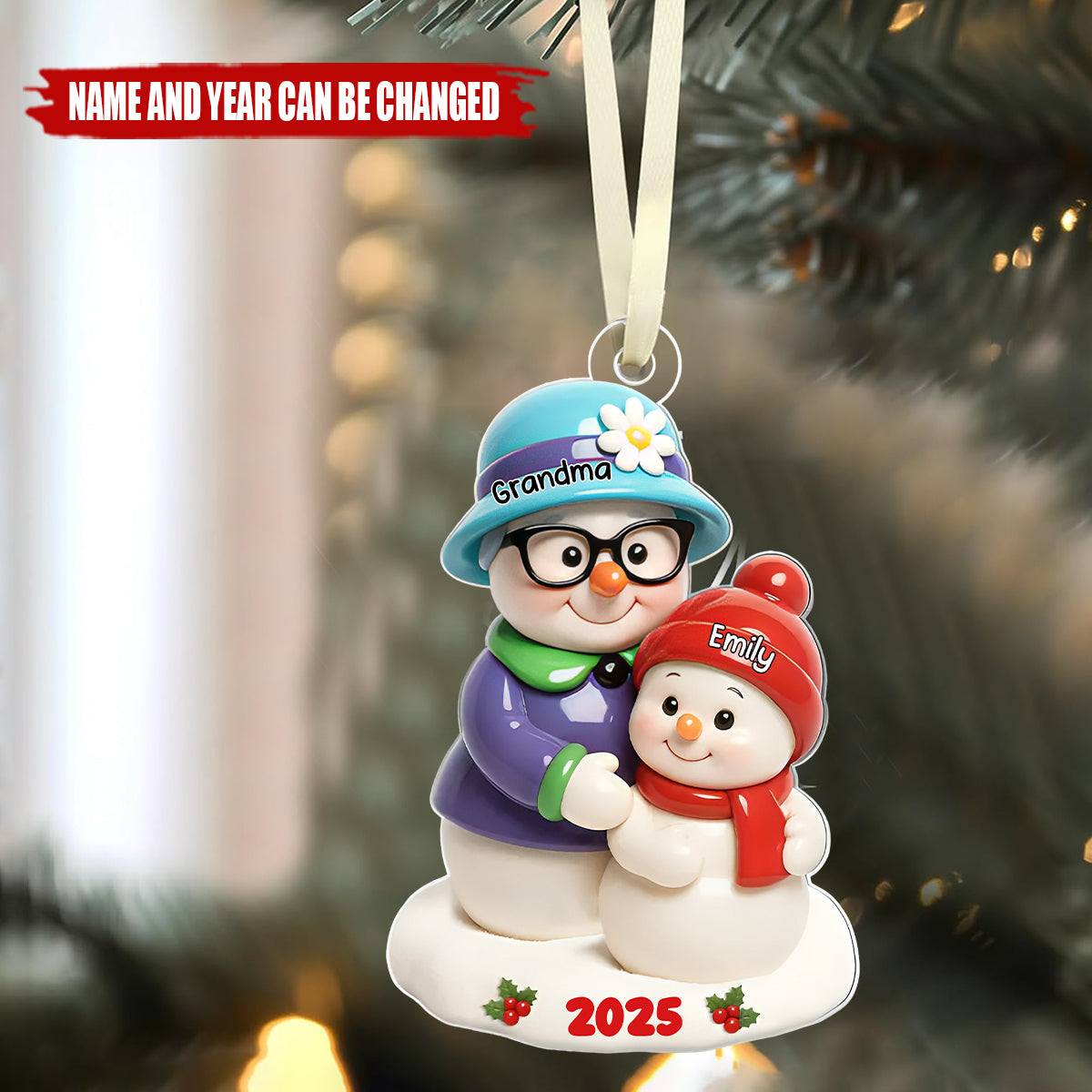 Snowman Grandma Hugging Grandkids - Personalized Christmas Acrylic Ornament