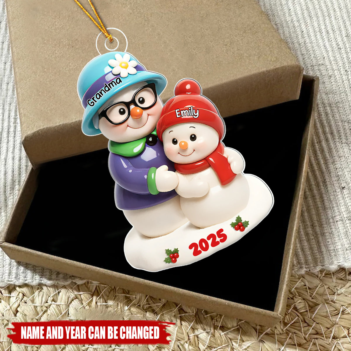 Snowman Grandma Hugging Grandkids - Personalized Christmas Acrylic Ornament