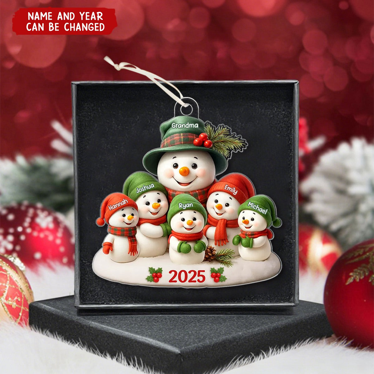 Snowman Grandma Hugging Grandkids - Personalized Christmas Acrylic Ornament