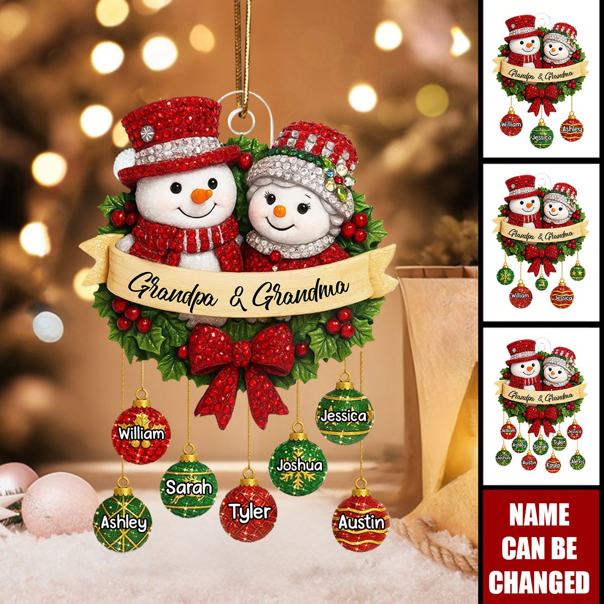 Snowman Grandparents on Christmas Wreath - Personalized Christmas Acrylic Ornament
