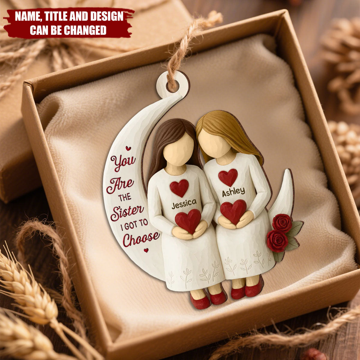 3D Effect Roses Besties On Moon - Personalized Wooden Ornament