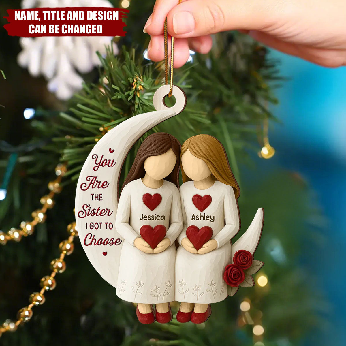 3D Effect Roses Besties On Moon - Personalized Wooden Ornament