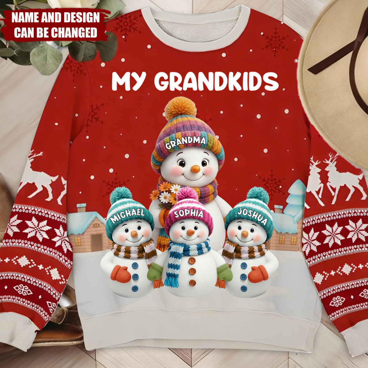 Cute Snowman Family In Snowy Village - Personalized Sweatshirt, Gift for Grandma & Grandpa