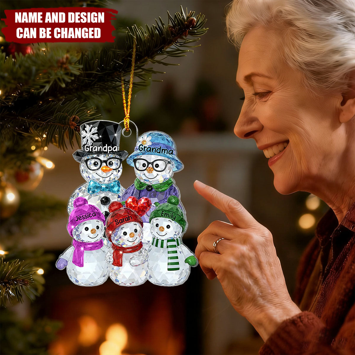 Grandparents And Grankids Snowman Pattern Crystal - Personalized Christmas Acrylic Ornament