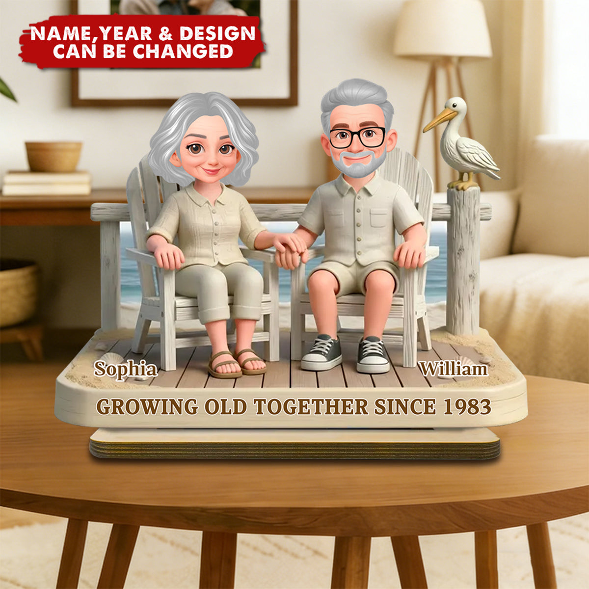 Eternal Love Couple On The Beach Growing Old Together - Personalized 2-Layer Wooden Plaque - Gift For Couple, Gift For Him, For Her