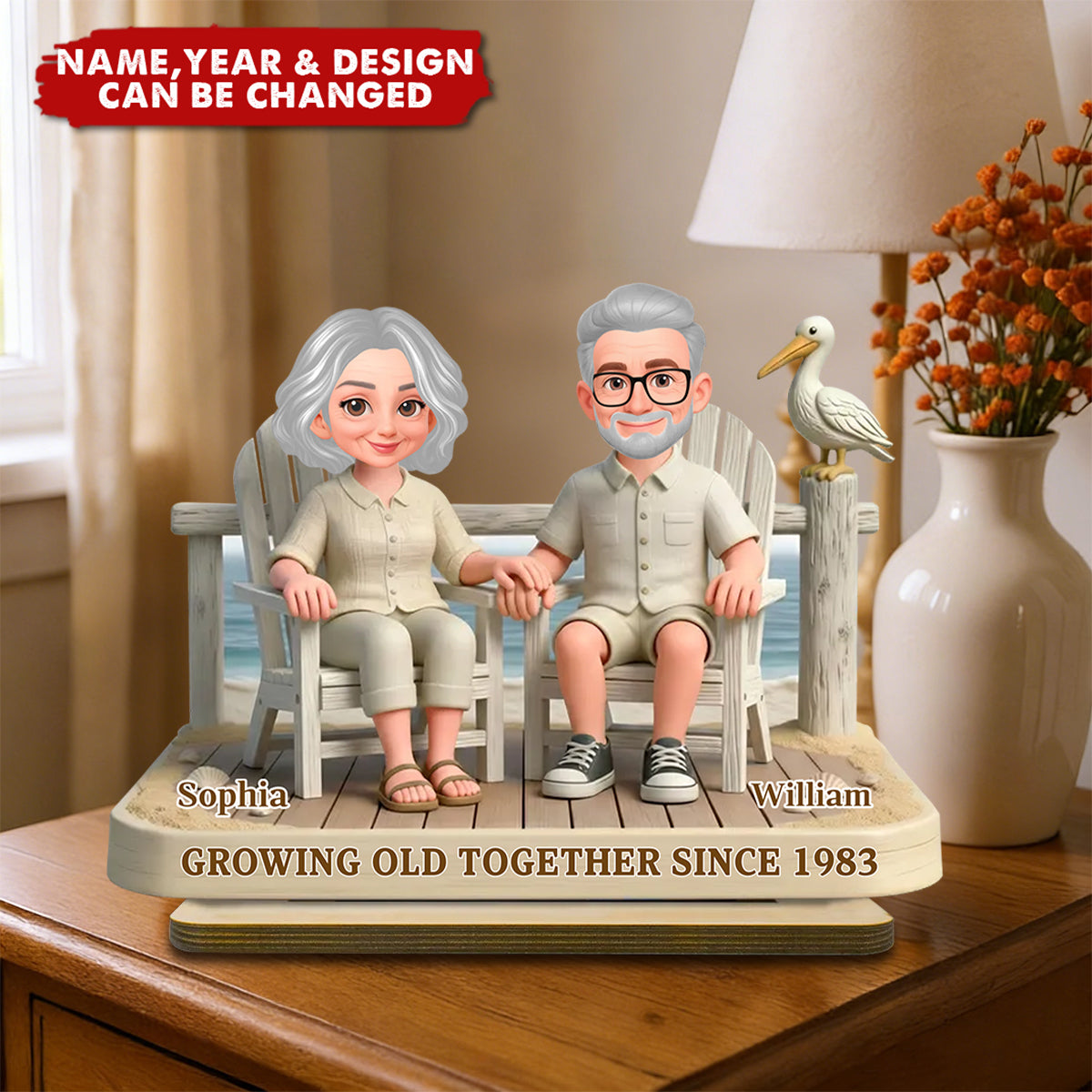 Eternal Love Couple On The Beach Growing Old Together - Personalized 2-Layer Wooden Plaque - Gift For Couple, Gift For Him, For Her