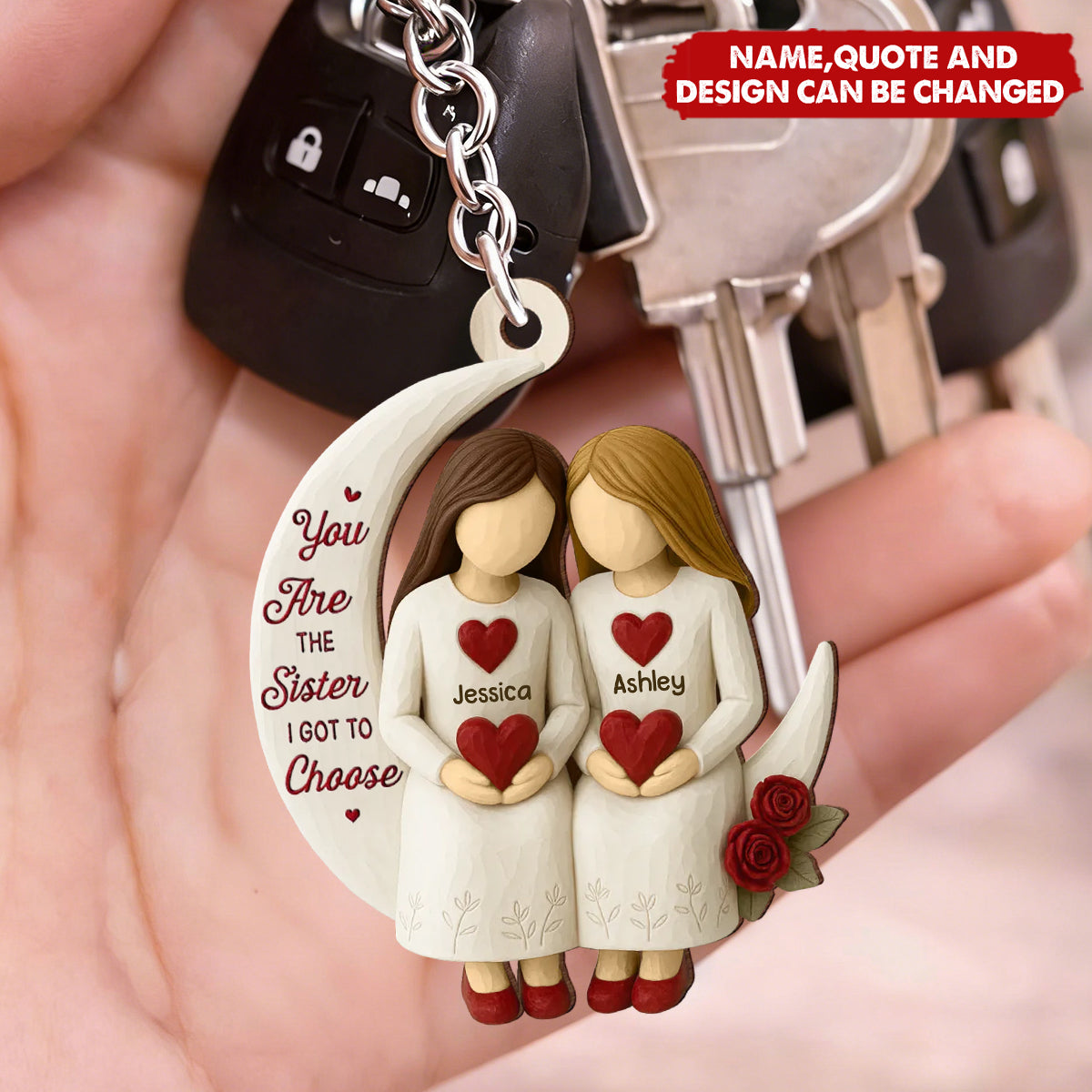 3D Effect Roses Besties On Moon - Personalized Wooden Keychain