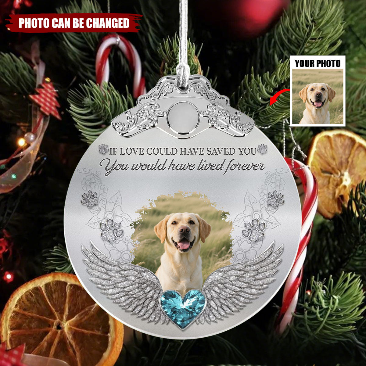 Memorial Pet In Heaven - Personalized Glass Photo Ornament With Silver Cap
