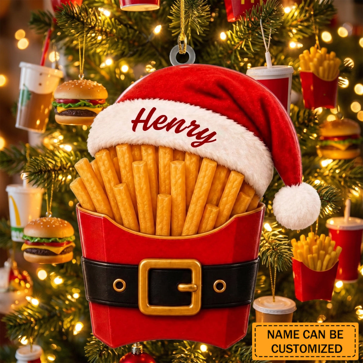 Personalized Santa French Fries Acrylic Ornament, Custom Name Christmas Tree Decoration