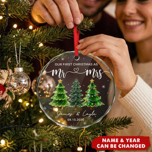 Personalized Circle Glass Ornament, Custom First Christmas Wedding Anniversary Gift For Couple
