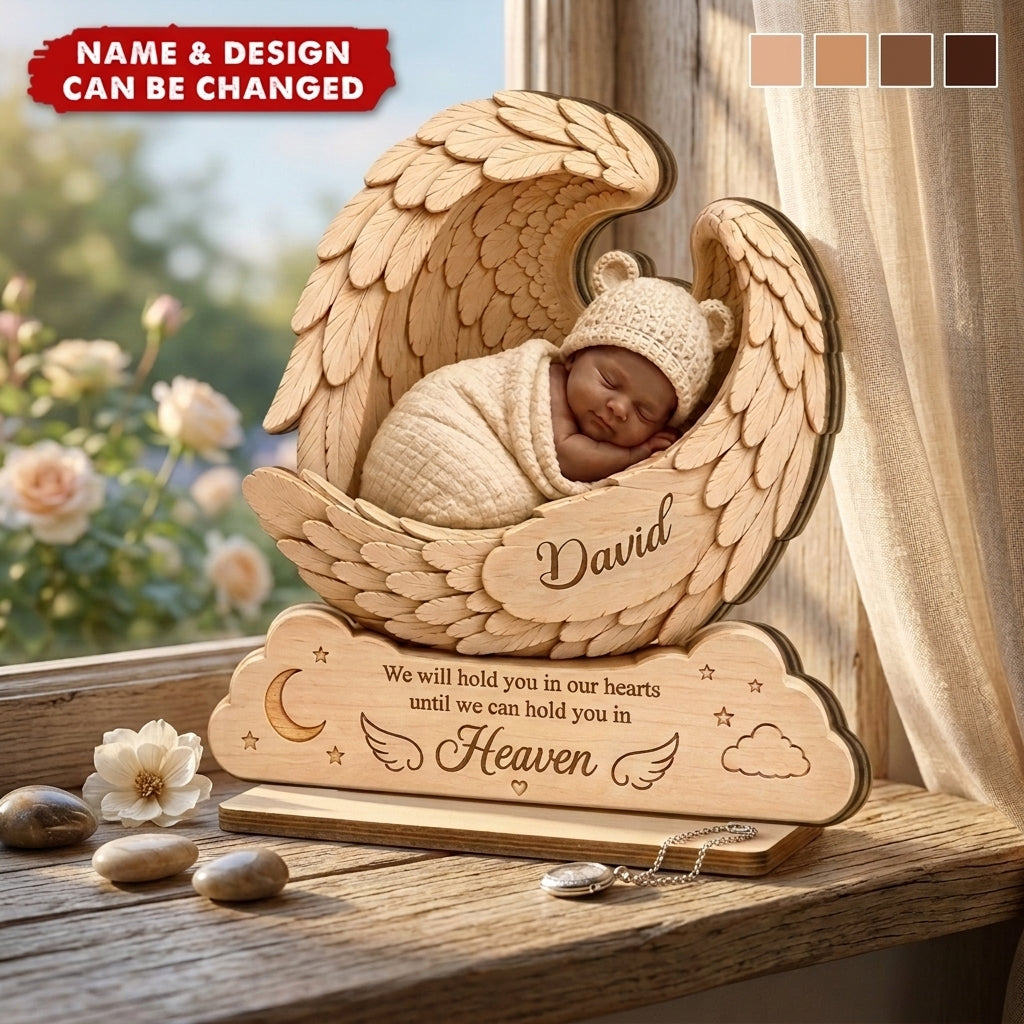 Personalized 2-Layer Wooden Plaque, Sleeping Baby in Angel Wings, Unique Infant Loss Memorial Gift for Parents