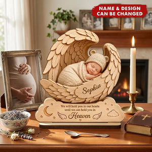 Personalized 2-Layer Wooden Plaque, Sleeping Baby in Angel Wings, Unique Infant Loss Memorial Gift for Parents