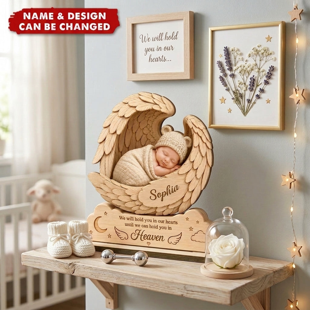 Personalized 2-Layer Wooden Plaque, Sleeping Baby in Angel Wings, Unique Infant Loss Memorial Gift for Parents