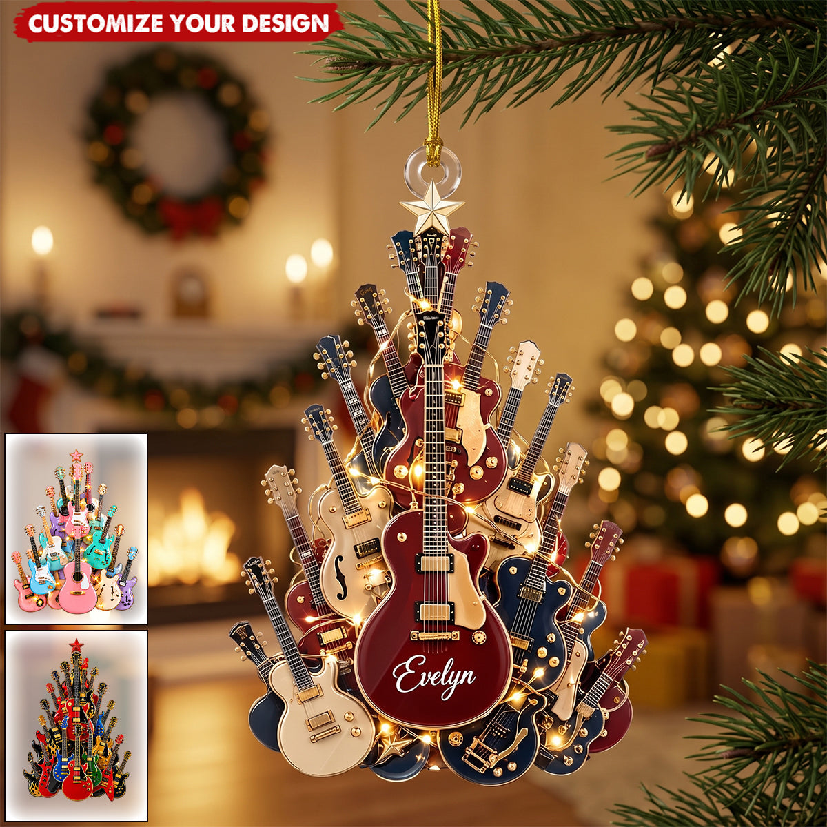 Personalized Guitar Tree Christmas Ornament, Custom Name Acrylic Ornament, 3 Style Options, Gift For Guitar Lovers & Musicians