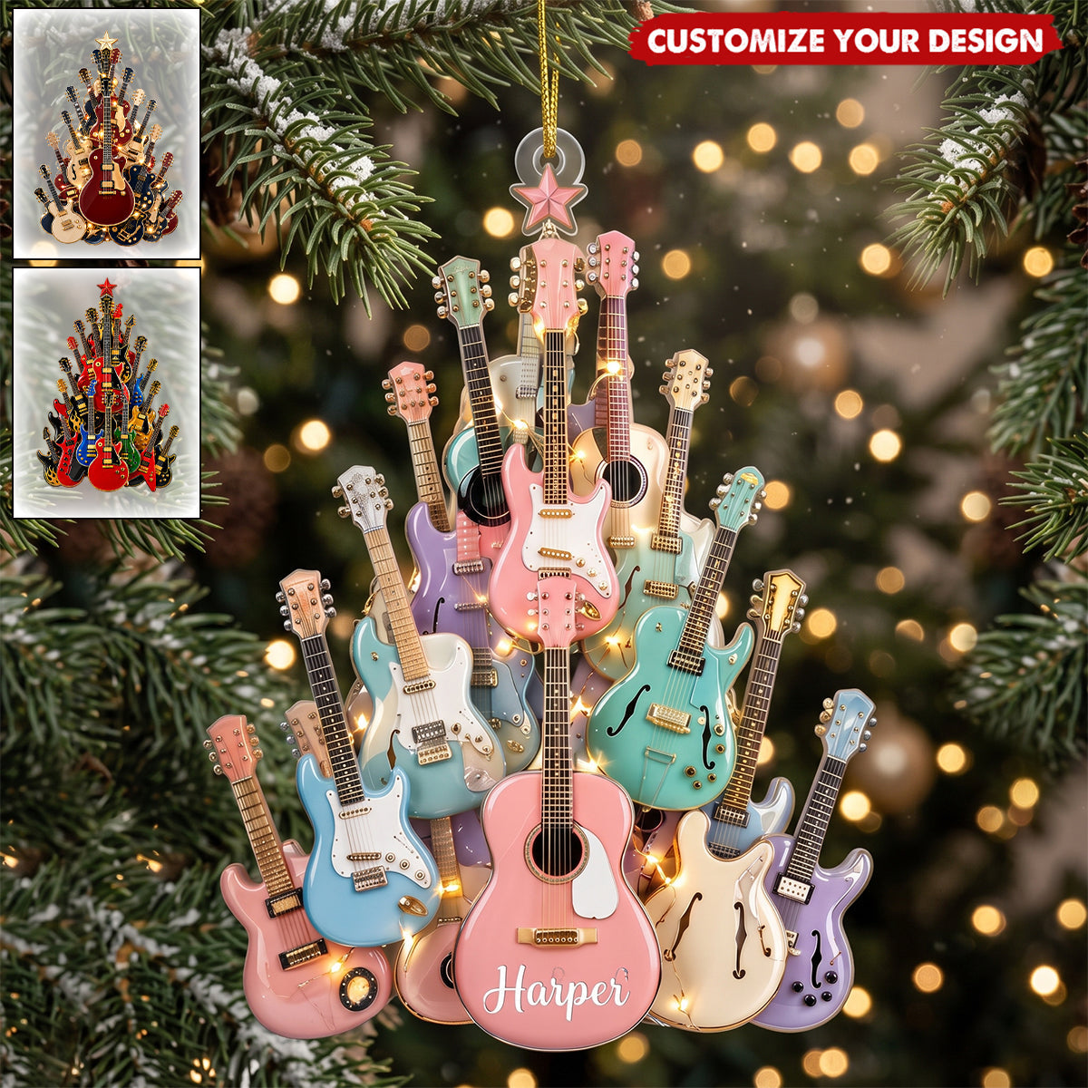 Personalized Guitar Tree Christmas Ornament, Custom Name Acrylic Ornament, 3 Style Options, Gift For Guitar Lovers & Musicians