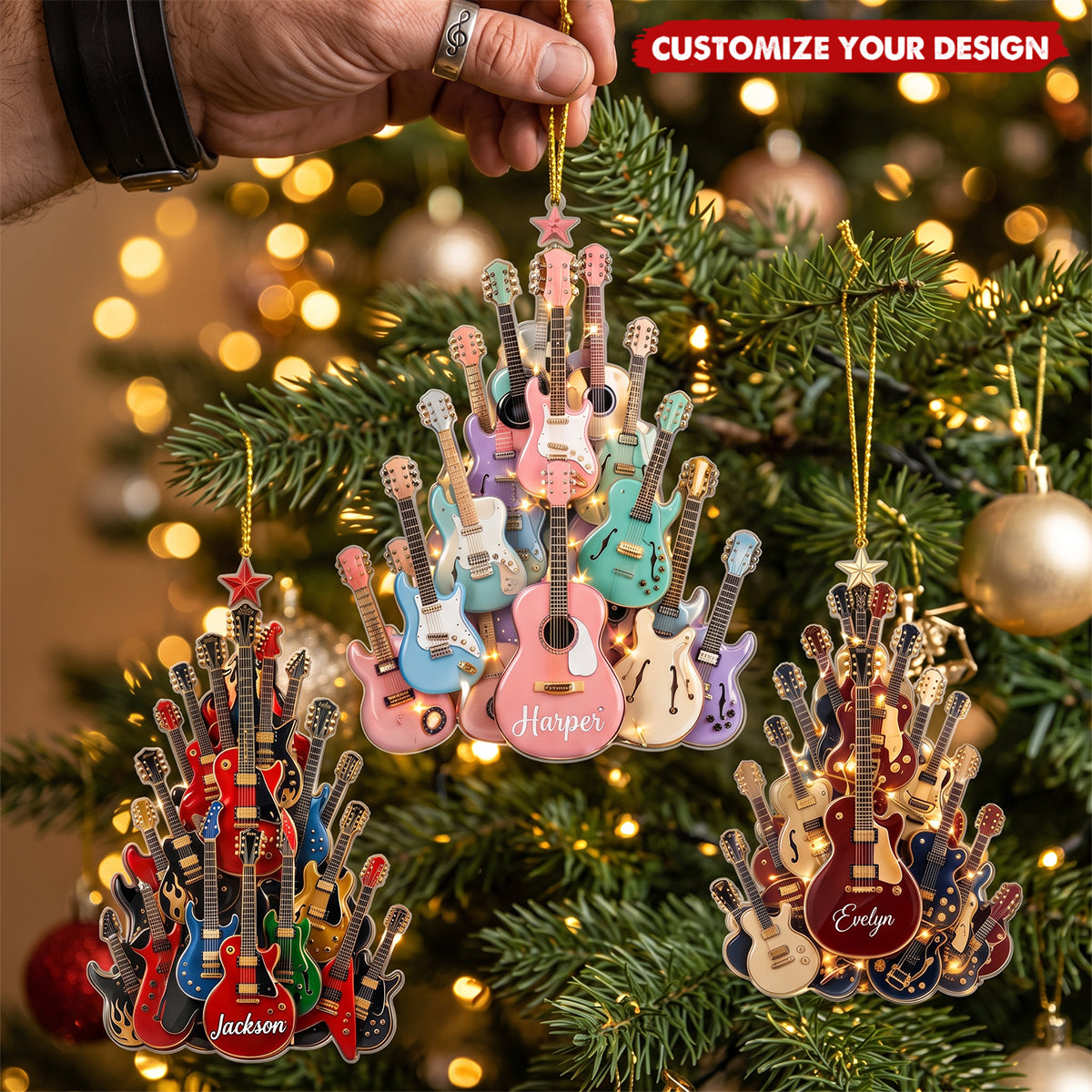Personalized Guitar Tree Christmas Ornament, Custom Name Acrylic Ornament, 3 Style Options, Gift For Guitar Lovers & Musicians