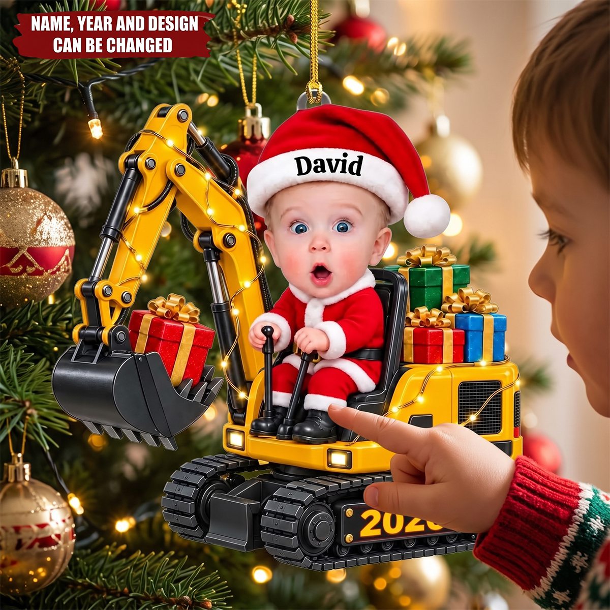 Personalized Excavator Christmas Acrylic Ornament, Custom Kid Photo Ornament