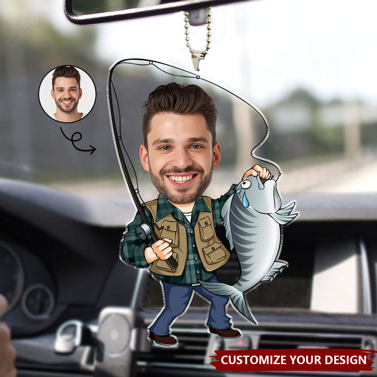 Custom Photo Fisherman Cartoon - Personalized Car Ornament